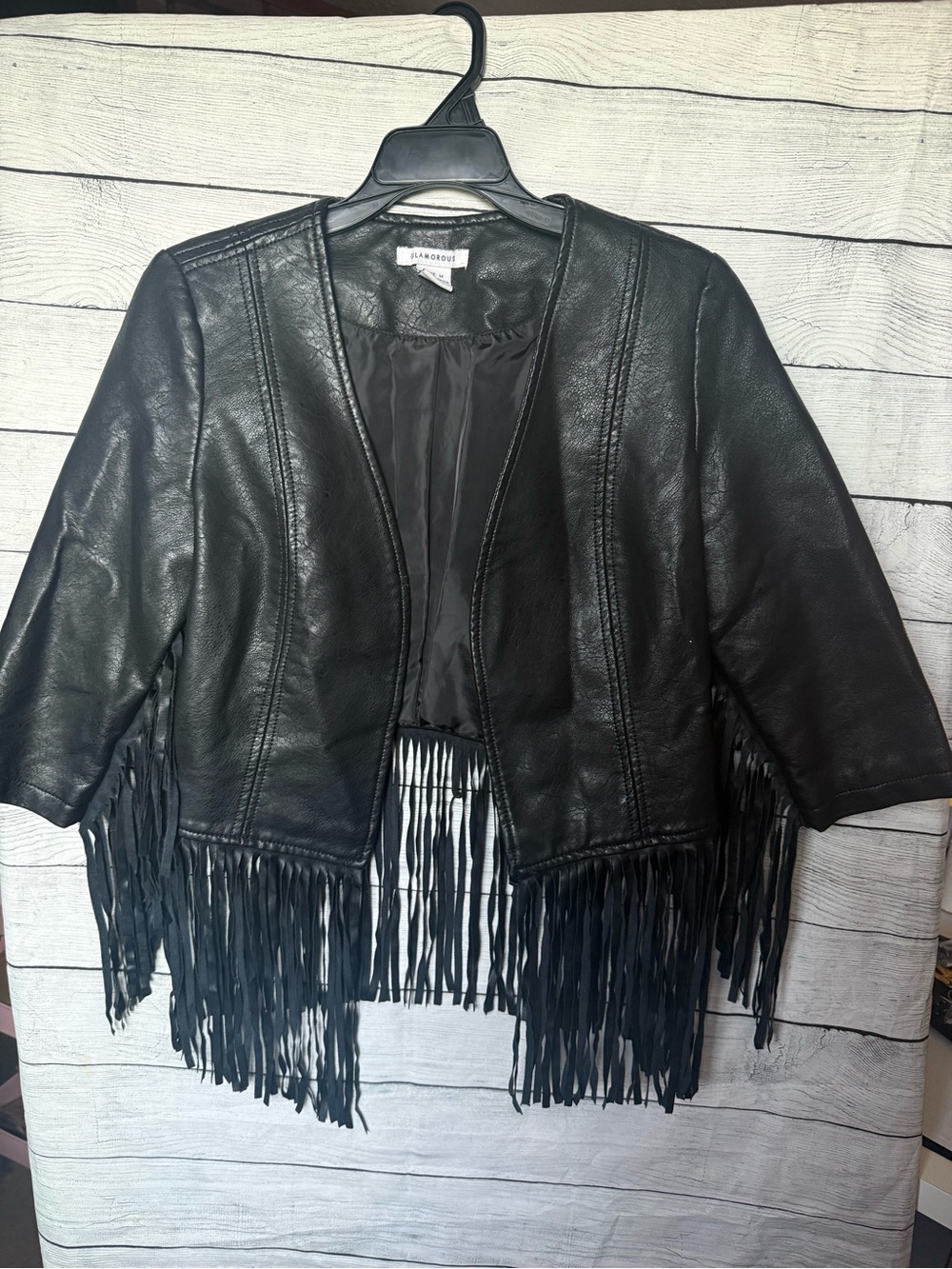 Glamorous Black Fringe Faux Leather Crop Jacket Open Front Western Boho M